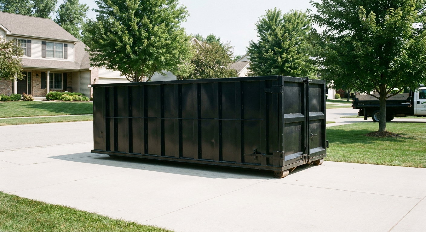 Matte-black 20-yard roll-off dumpster sitting level on a clean Chino Hills residential concrete driveway under bright daylight, demonstrating clean placement directly on the concrete.