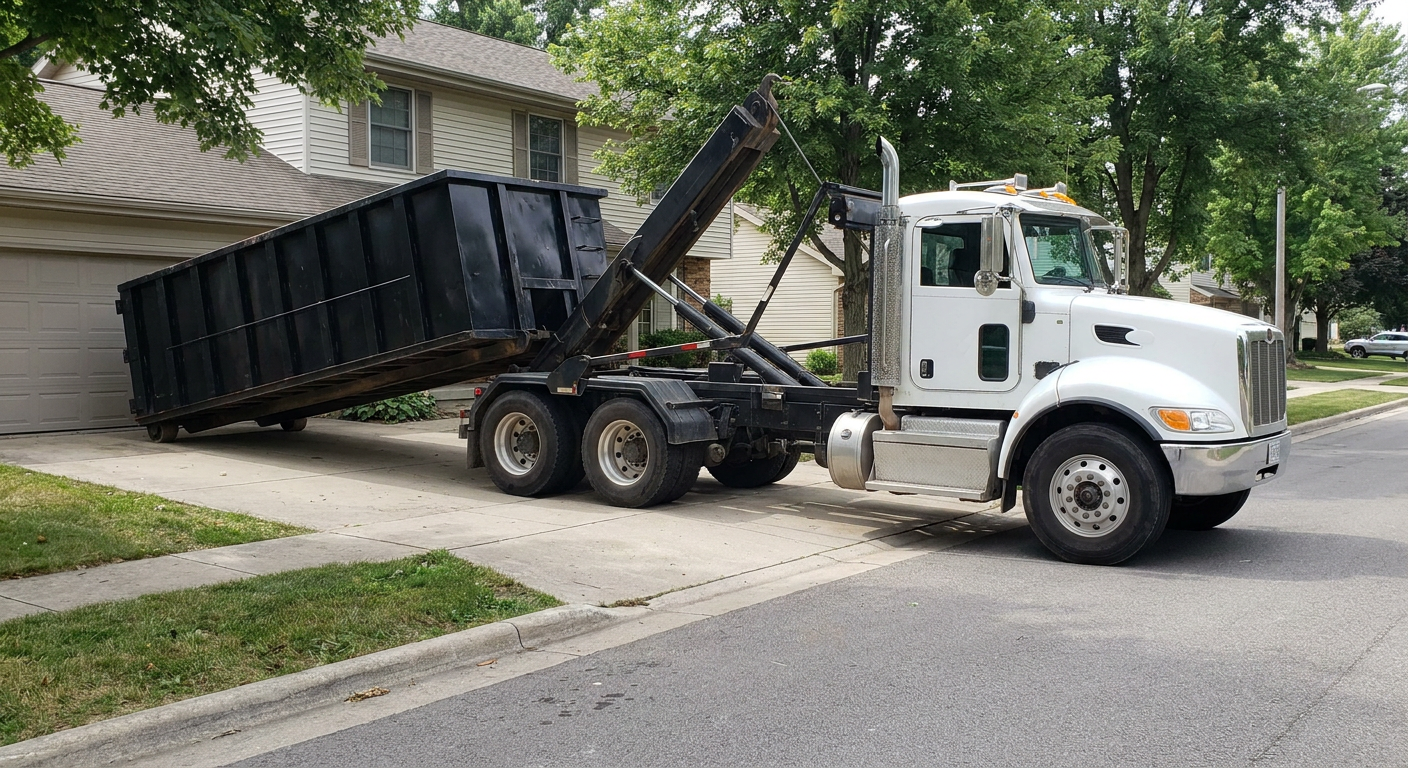 White-cab hooklift roll-off truck actively lowering a matte-black dumpster onto a Chino Hills residential concrete driveway, the dumpster's rear wheels touching the driveway as the hoist arm tilts the bed forward, mid-morning daylight.