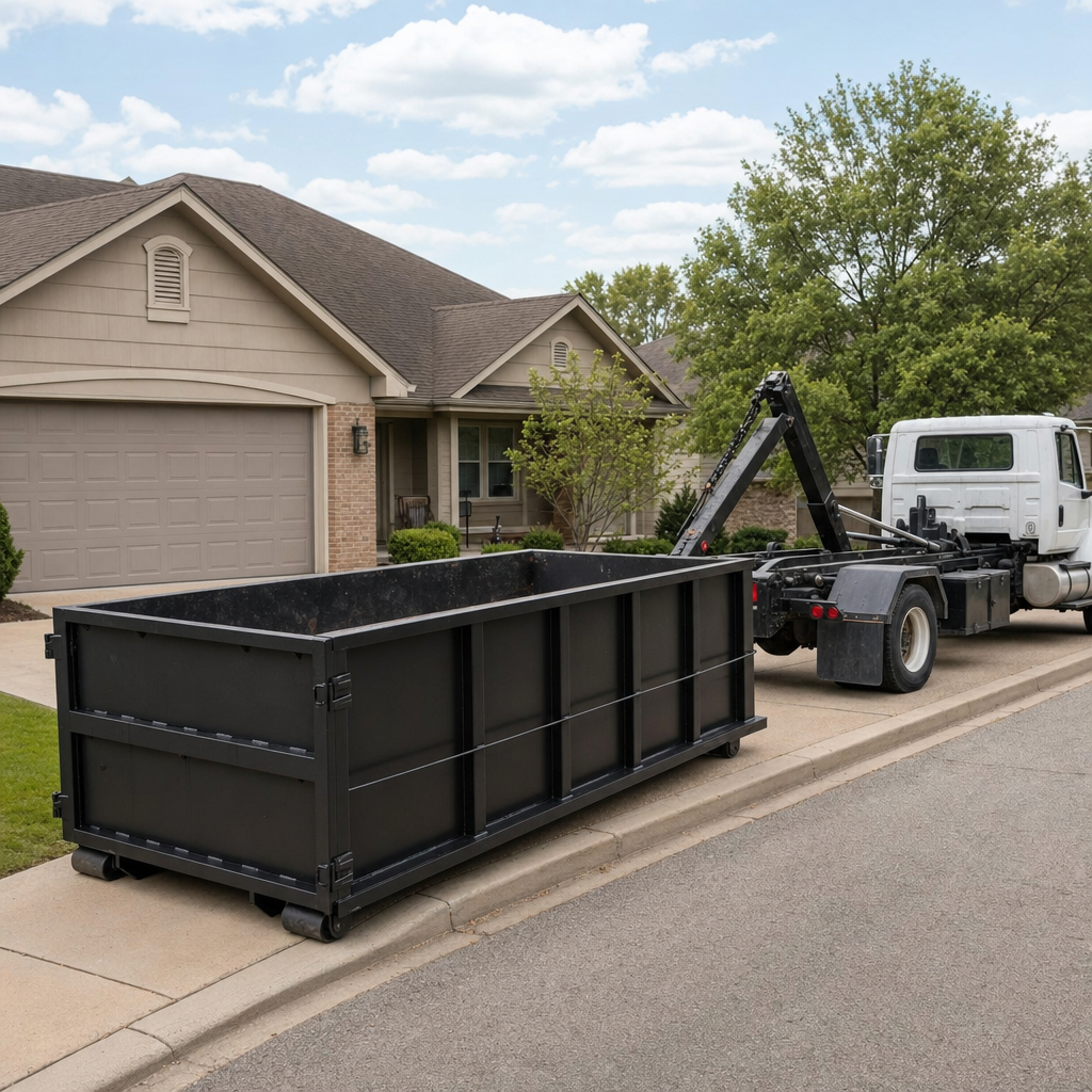 Wide documentary shot of a matte-black roll-off dumpster on a Chino Hills residential driveway in the foreground and a contractor jobsite container in the soft-focus background, bright daylight, calm and orderly composition.